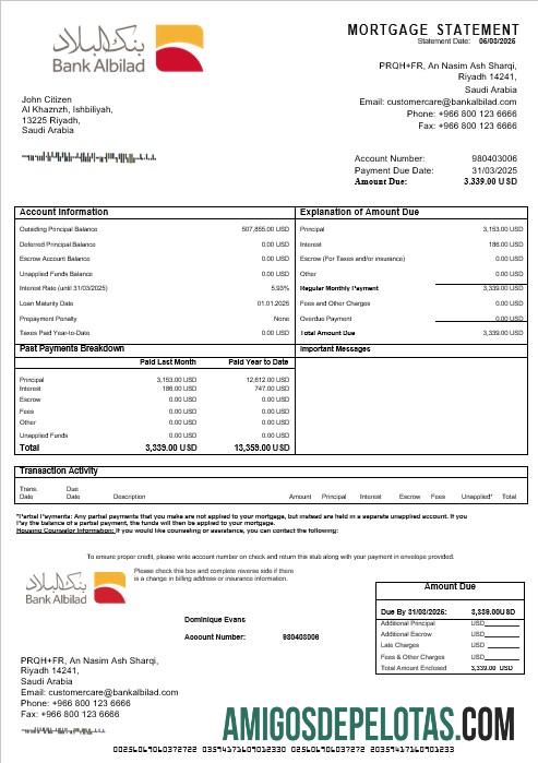 Declaração de hipoteca do Banco Albilad da Arábia Saudita em formatos Word e PDF amostra